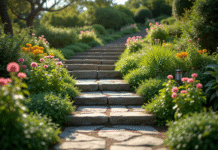 Jardin en pente avec terrasses de pierres et fleurs colorées