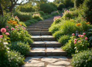 Comment aménager un petit jardin en pente ? Jardin en pente avec terrasses de pierres et fleurs colorées