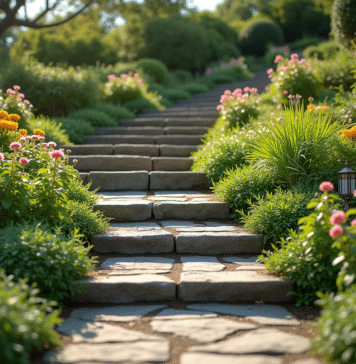 Jardin en pente avec terrasses de pierres et fleurs colorées
