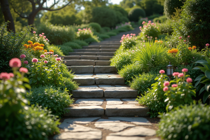jardin-escale-terrasses-fleurs Jardin en pente avec terrasses de pierres et fleurs colorées