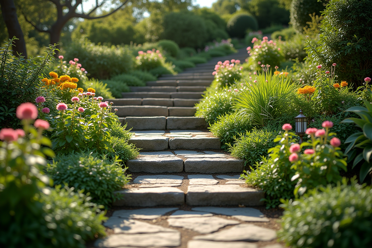 Jardin en pente avec terrasses de pierres et fleurs colorées