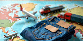 Jeans bleu avec étiquettes de transport sur une carte du monde