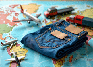 Distance parcourue par un jean tout au long de sa vie : chiffres et données intéressantes à connaître Jeans bleu avec étiquettes de transport sur une carte du monde