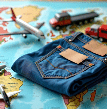 Distance parcourue par un jean tout au long de sa vie : chiffres et données intéressantes à connaître Jeans bleu avec étiquettes de transport sur une carte du monde