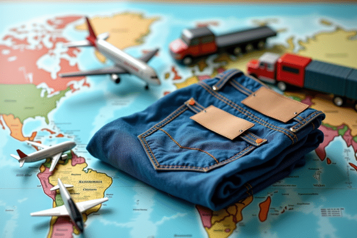jeans-transport-logistique Jeans bleu avec étiquettes de transport sur une carte du monde
