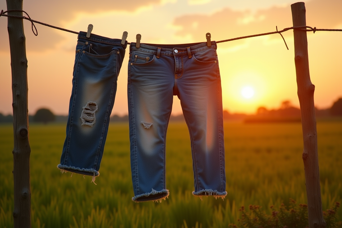 Jeans usés suspendus à une corde au lever du soleil dans la nature