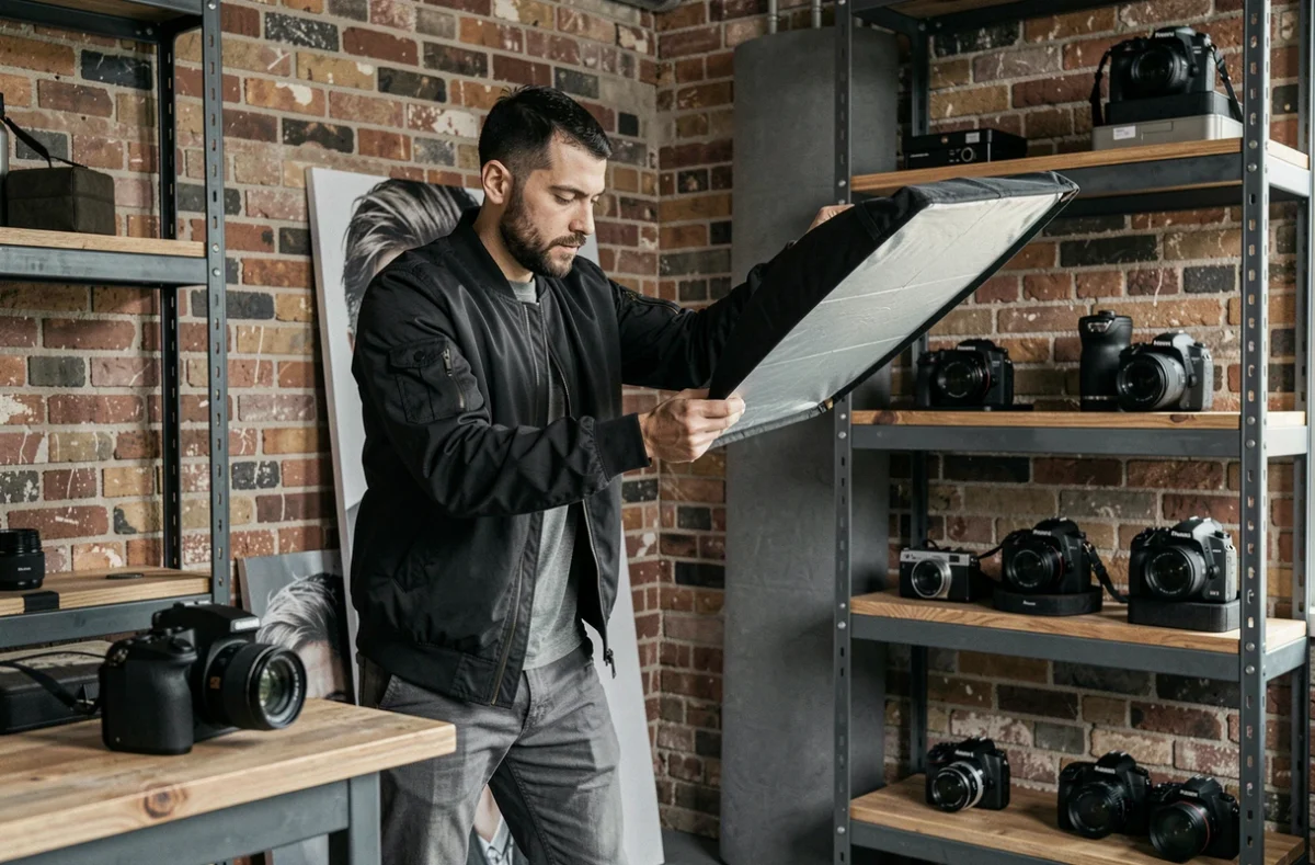 Jérémy Fiori photographe ajustant un réflecteur dans son studio urbain aux murs en briques à Caen