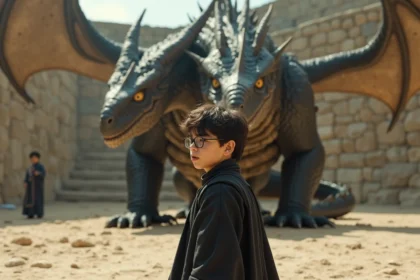 Jeune garçon en uniforme face à un dragon dans une arène ancienne