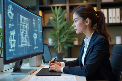 Jeune femme travaillant sur un ordinateur avec dessins CAD