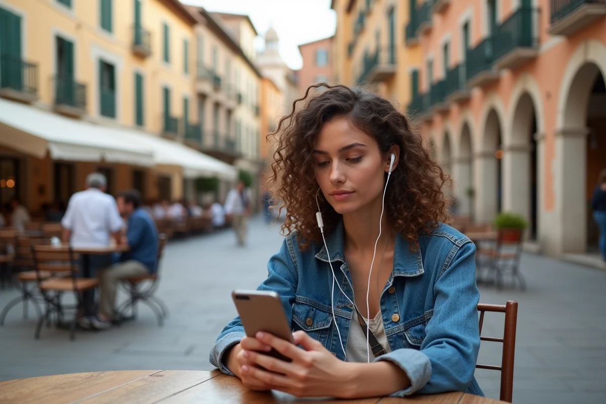 Jeune femme écoute radio en terrasse à Mille