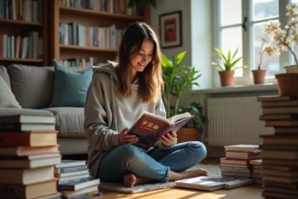 Jeune femme lisant un manga dans un salon cosy avec étagères et plantes