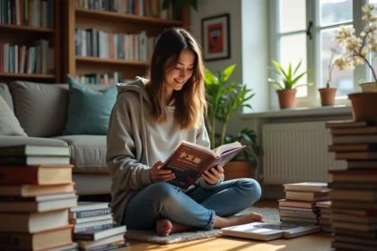 Jeune femme lisant un manga dans un salon cosy avec étagères et plantes
