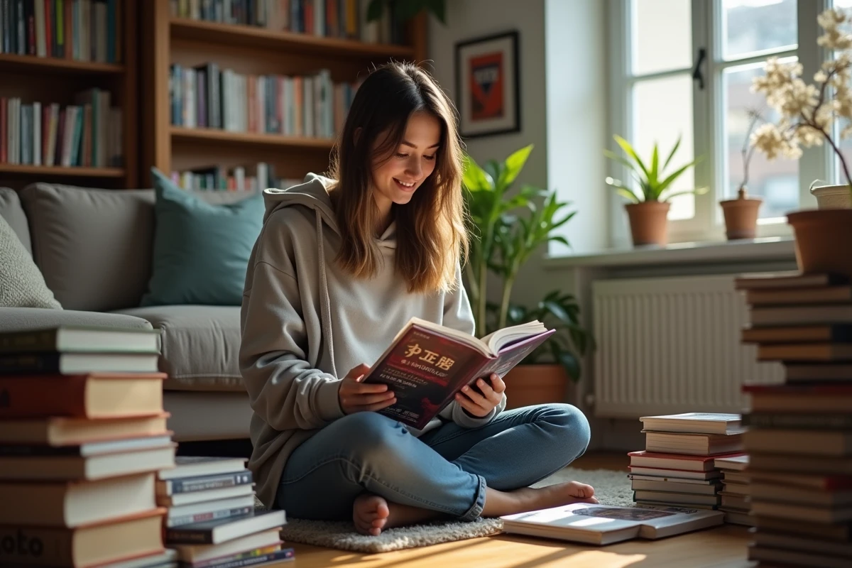 Jeune femme lisant un manga dans un salon cosy avec étagères et plantes