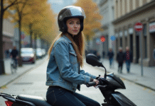 Jeune femme en denim et casque noir sur moto urbaine