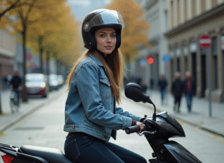 Jeune femme en denim et casque noir sur moto urbaine