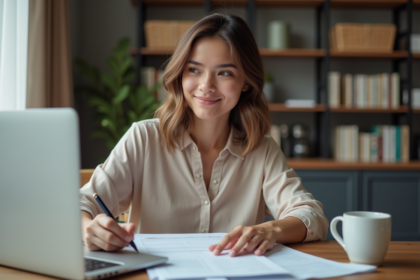 Jeune femme examinant des papiers et un ordinateur à la maison