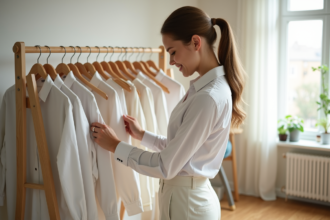 Jeune femme arrangeant une garde-robe capsule à la maison