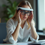 Inconvénient des lunettes de réalité augmentée : maîtrisez l’impact sur la vue Jeune femme retire ses lunettes de réalité augmentée dans un bureau