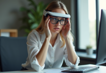 Inconvénient des lunettes de réalité augmentée : maîtrisez l’impact sur la vue Jeune femme retire ses lunettes de réalité augmentée dans un bureau