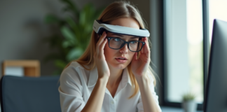 Jeune femme retire ses lunettes de réalité augmentée dans un bureau