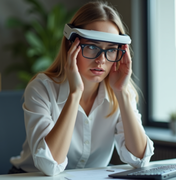 Inconvénient des lunettes de réalité augmentée : maîtrisez l’impact sur la vue Jeune femme retire ses lunettes de réalité augmentée dans un bureau