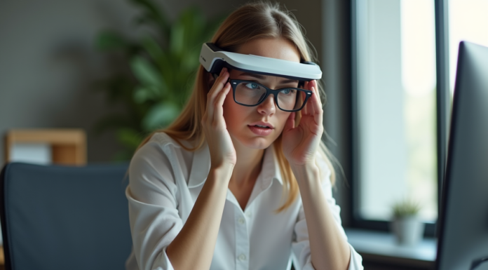 Inconvénient des lunettes de réalité augmentée : maîtrisez l’impact sur la vue Jeune femme retire ses lunettes de réalité augmentée dans un bureau