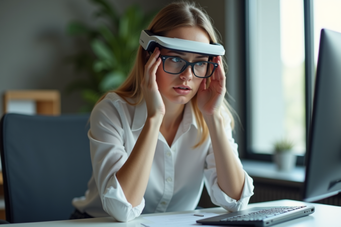 jeune-femme-reaction-ar-glasses Jeune femme retire ses lunettes de réalité augmentée dans un bureau