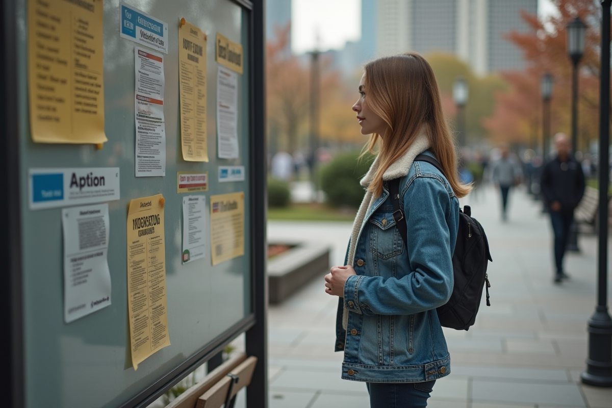 Jeune femme regardant une affiche d