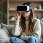 Effets nocifs du casque de réalité virtuelle sur la vue : conseils Jeune femme en détente retire son casque VR dans un salon
