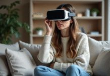 Jeune femme en détente retire son casque VR dans un salon