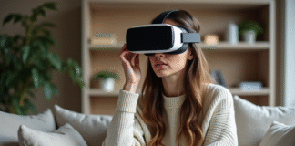 Jeune femme en détente retire son casque VR dans un salon