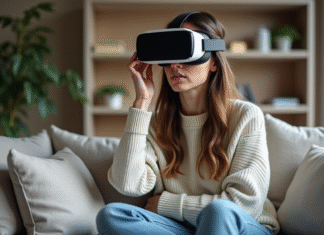 Effets nocifs du casque de réalité virtuelle sur la vue : conseils Jeune femme en détente retire son casque VR dans un salon