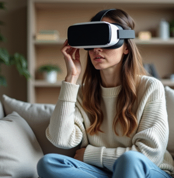 Effets nocifs du casque de réalité virtuelle sur la vue : conseils Jeune femme en détente retire son casque VR dans un salon