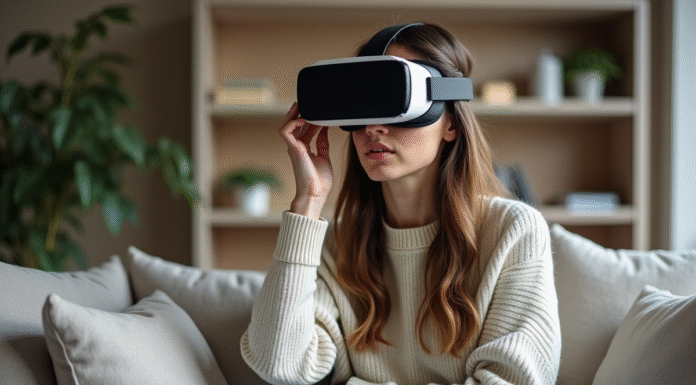 Effets nocifs du casque de réalité virtuelle sur la vue : conseils Jeune femme en détente retire son casque VR dans un salon