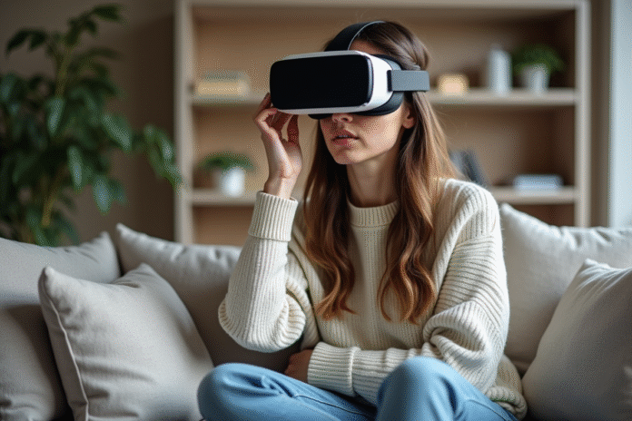 jeune-femme-reveil-vr Jeune femme en détente retire son casque VR dans un salon