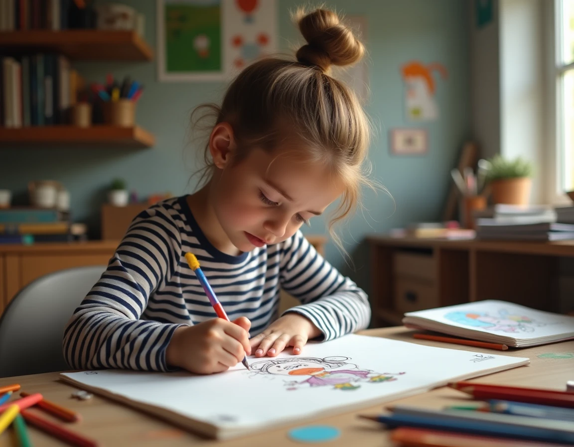 Adolescente coloriant un dessin de Mortelle Adèle à son bureau avec des crayons de couleur éparpillés
