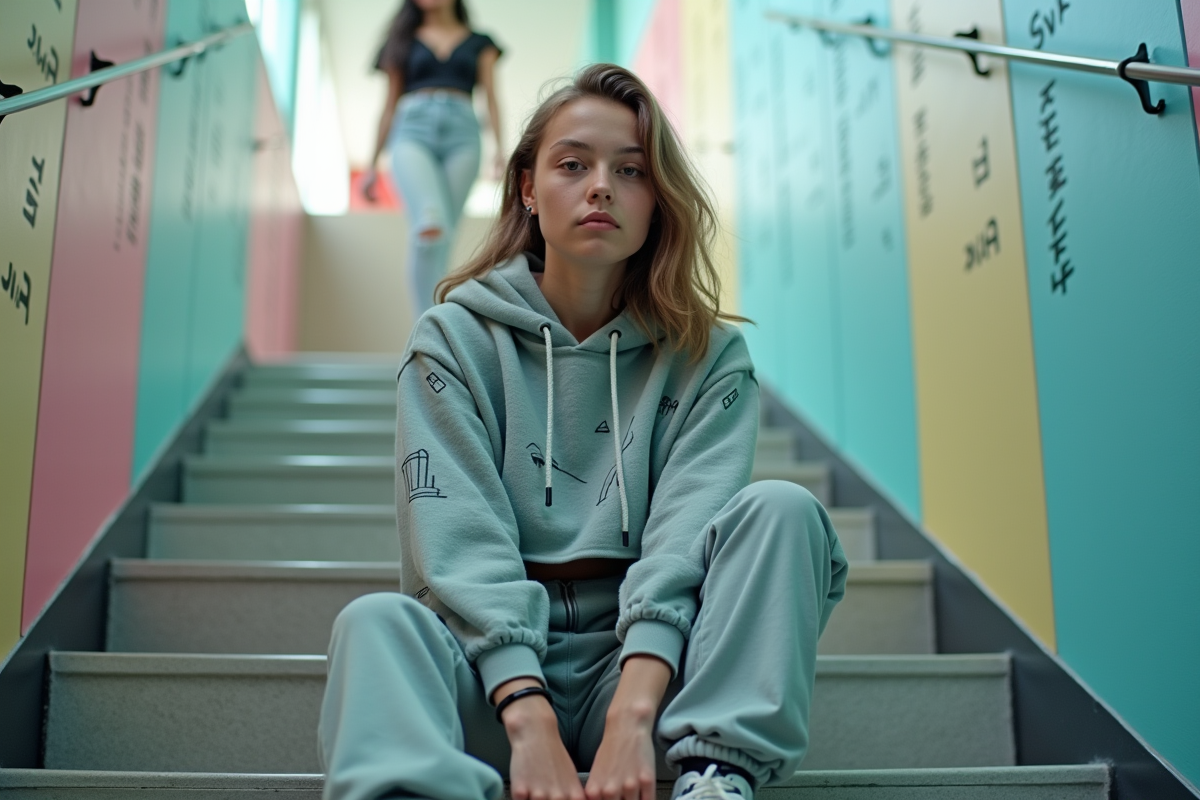 Jeune fille en tenue futuriste assise dans un lycée dynamique