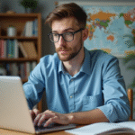 VPN : quels pays interdisent l’utilisation ? Décryptage des législations en vigueur Jeune homme en bleu utilisant un ordinateur dans un appartement moderne