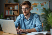 Jeune homme en bleu utilisant un ordinateur dans un appartement moderne