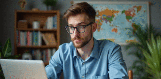 Jeune homme en bleu utilisant un ordinateur dans un appartement moderne