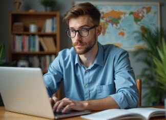 VPN : quels pays interdisent l’utilisation ? Décryptage des législations en vigueur Jeune homme en bleu utilisant un ordinateur dans un appartement moderne