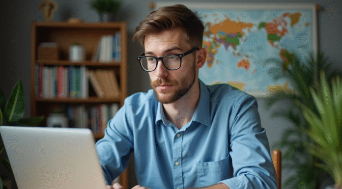 VPN : quels pays interdisent l’utilisation ? Décryptage des législations en vigueur Jeune homme en bleu utilisant un ordinateur dans un appartement moderne