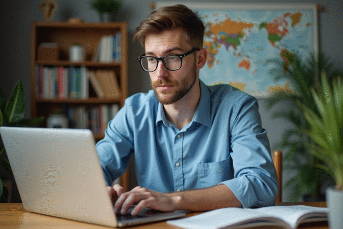 jeune-homme-bureau-laptop Jeune homme en bleu utilisant un ordinateur dans un appartement moderne