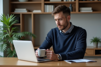 Jeune homme concentré travaillant sur son ordinateur dans un bureau moderne