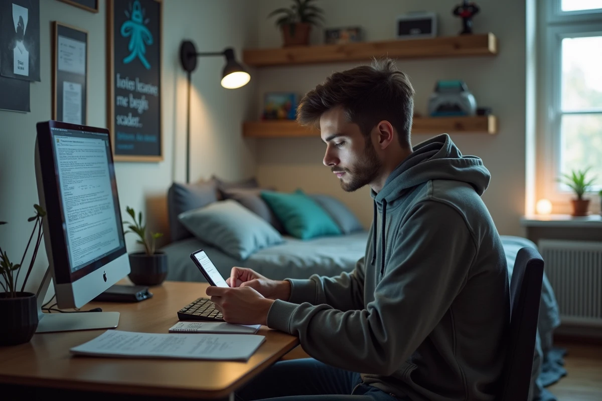 Jeune homme concentré utilisant son smartphone dans sa chambre moderne