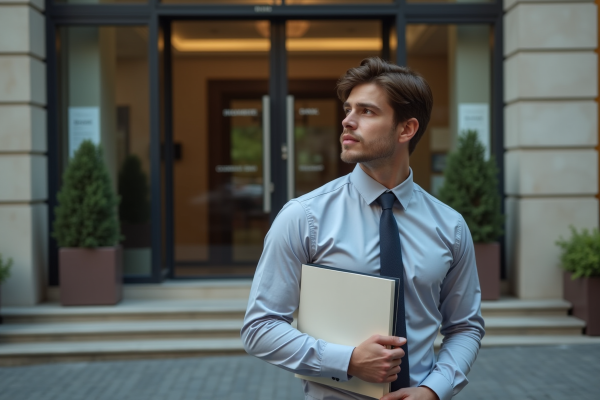 Jeune homme debout devant une banque avec un dossier