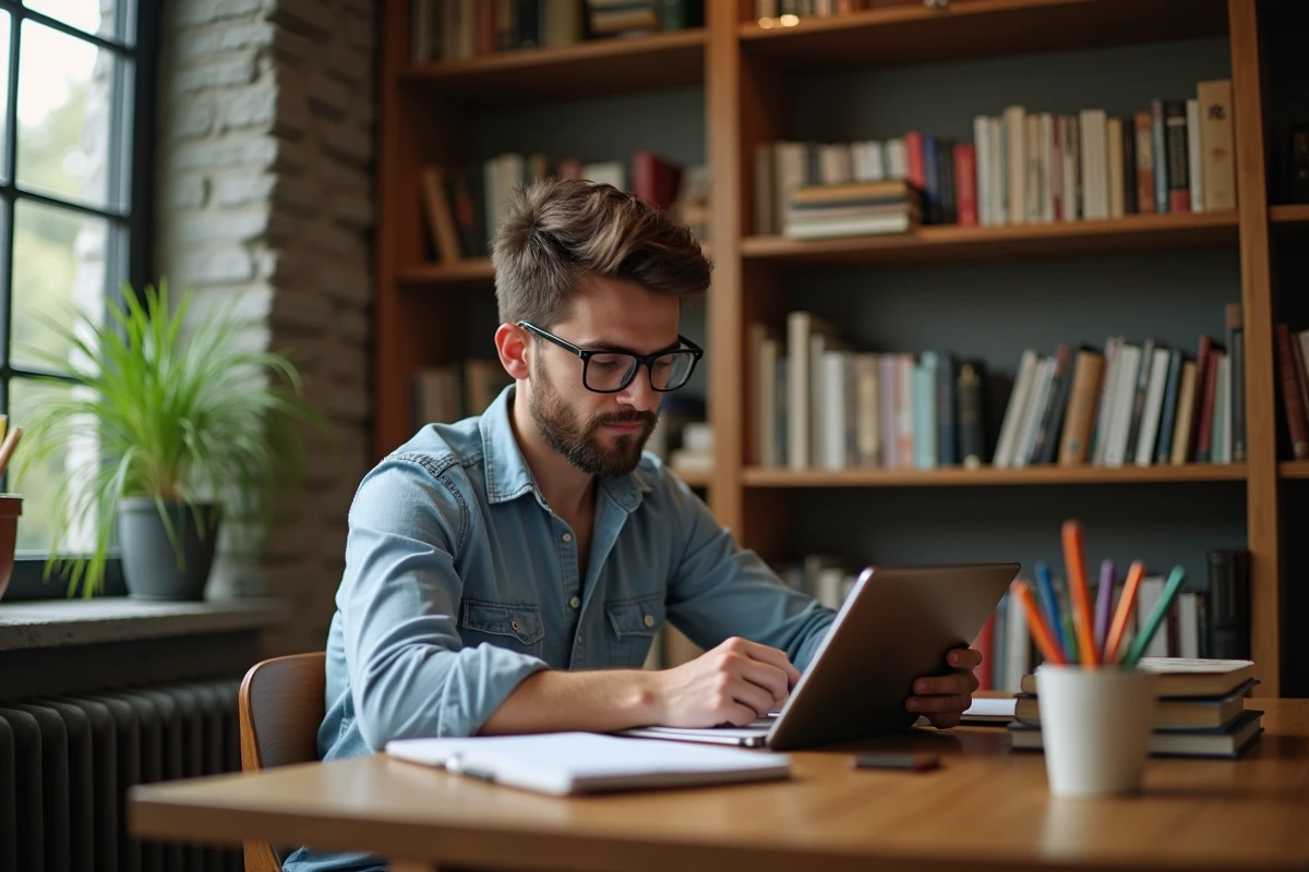 Jeune homme étudiant dans une bibliothèque chaleureuse