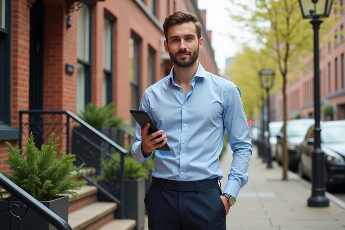 Jeune homme professionnel tenant des clés devant une maison urbaine