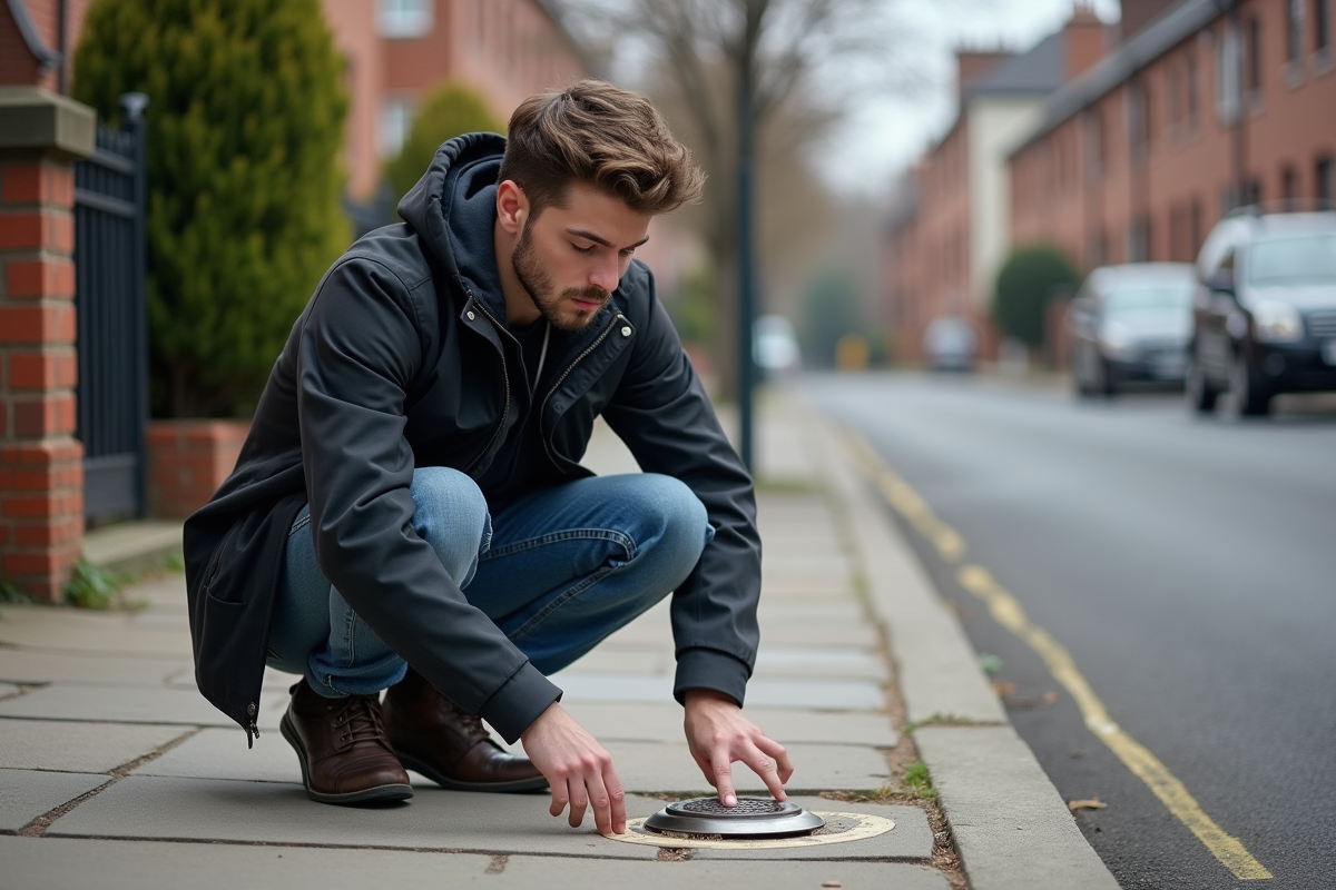 Jeune homme étudie un repère de terrain en ville