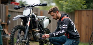 Jeune homme nettoyant une moto dirt 250 en extérieur